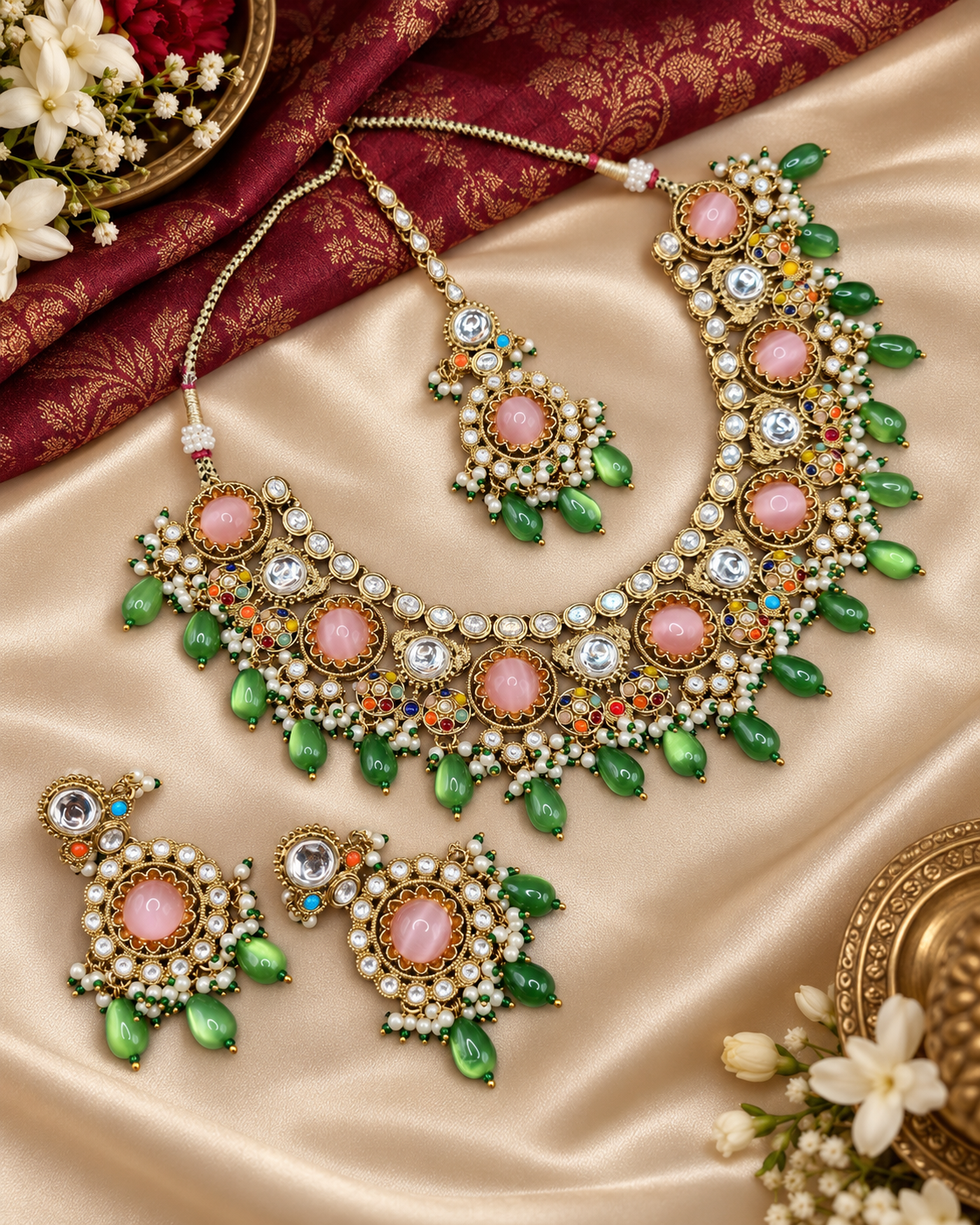 Traditional Gold-Tone Kundan Choker Set with Pearl Accents